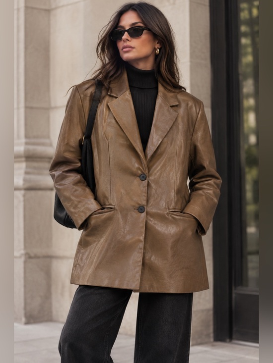 Zara Jackets & Blazers - ZARA Faux Leather Blazer Jacket Camel Cognac Caramel Brown 2 Button Womens L